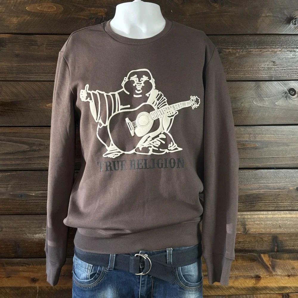 True Religion Buddha Embossed Graphic Brown Unisex Sm Crewneck Sweatshirt 42